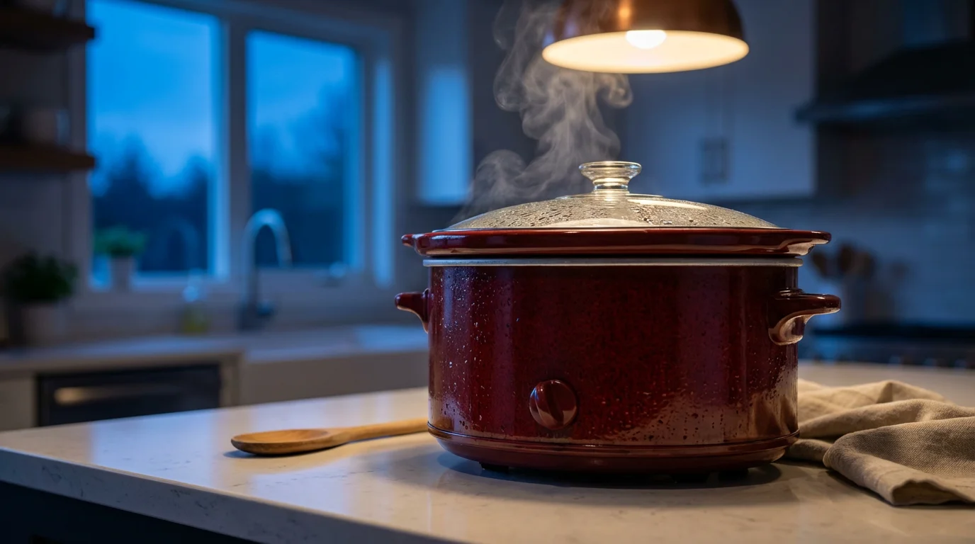 A red ceramic slow cooker simmers on a modern kitchen counter during blue hour.