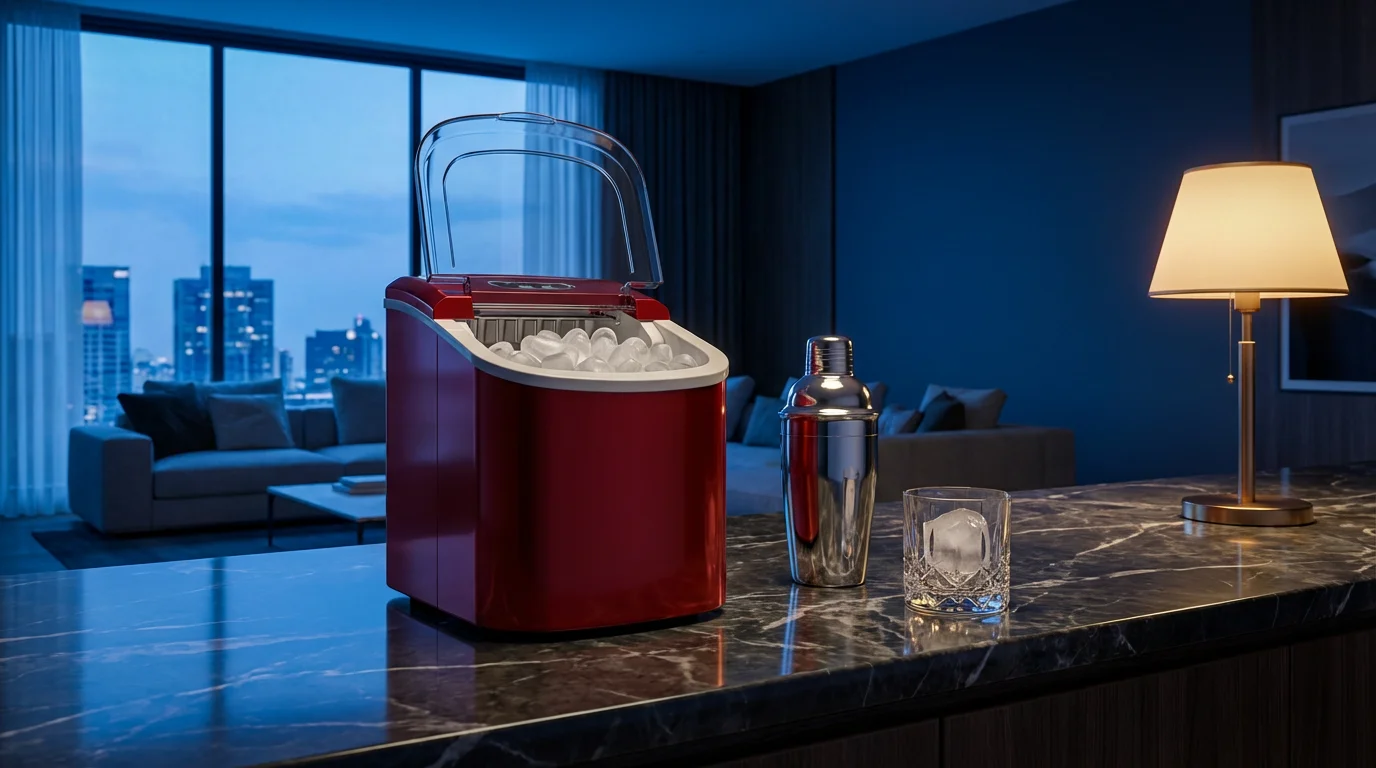 A red countertop ice maker on a stylish home bar at dusk.