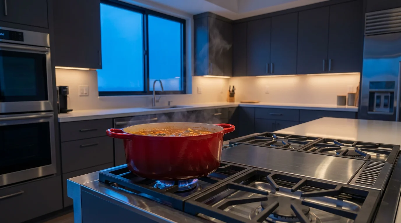 A red enameled Dutch oven simmers on a modern stove during evening blue hour.