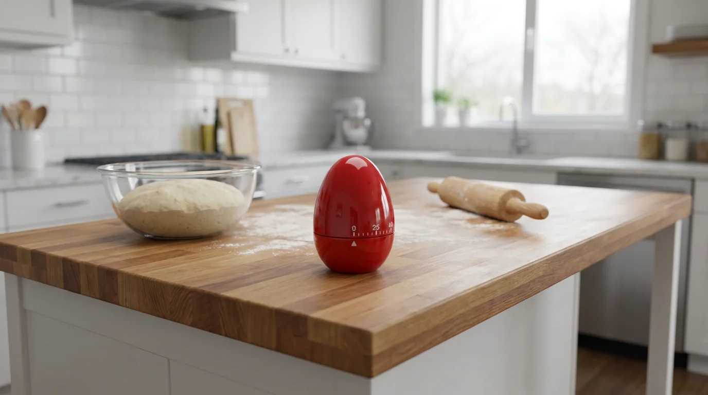 A red mechanical kitchen timer on a floured butcher block countertop in a kitchen.