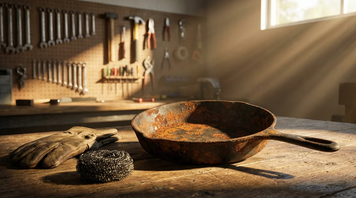 A rusty cast iron skillet on a wooden workbench ready for a restoration project.