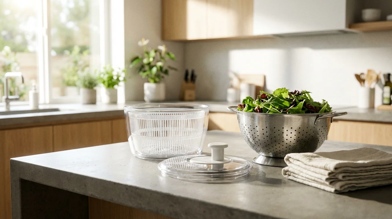 A salad spinner and a colander with towels on a bright, modern kitchen counter.