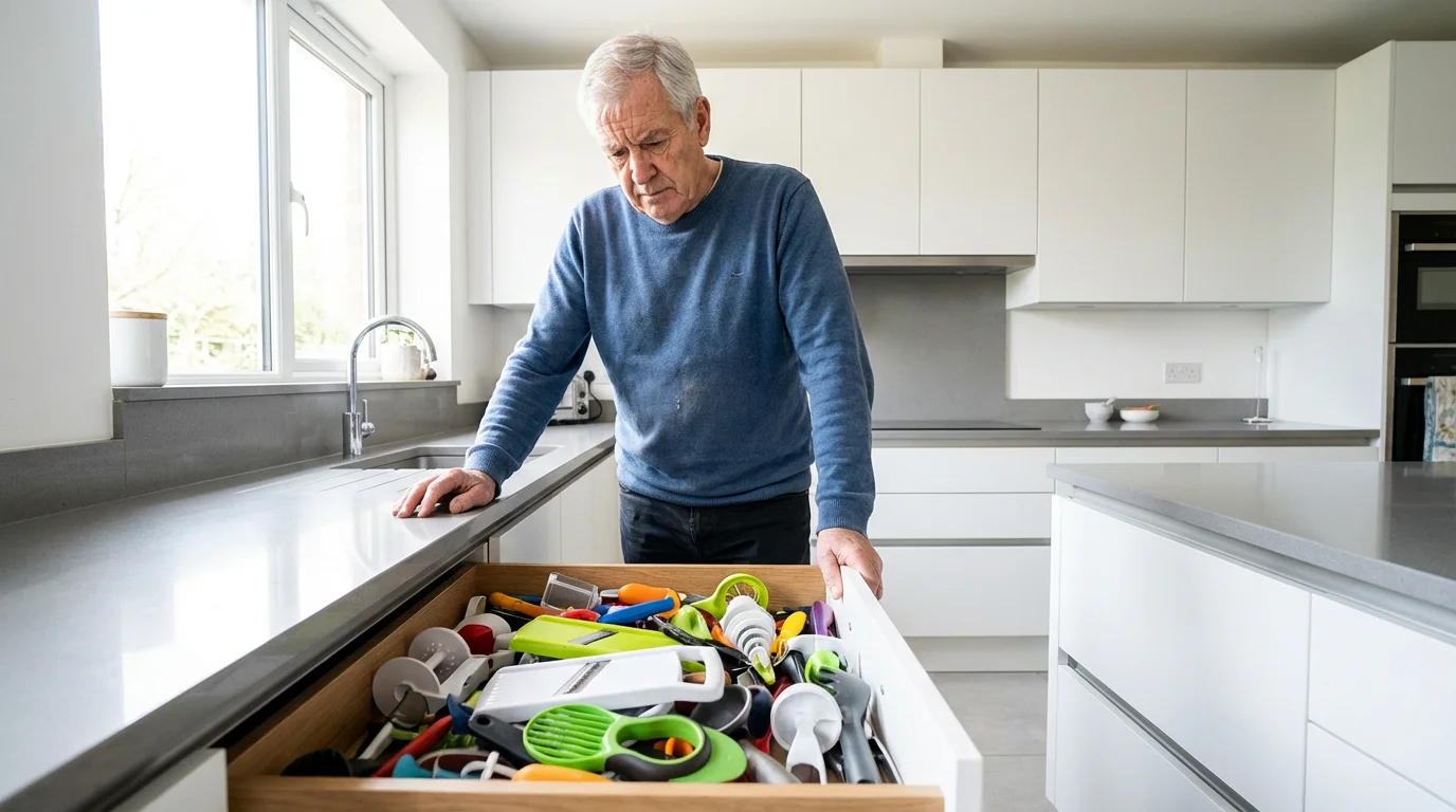 A senior man looks thoughtfully at a cluttered kitchen drawer full of mismatched gadgets.