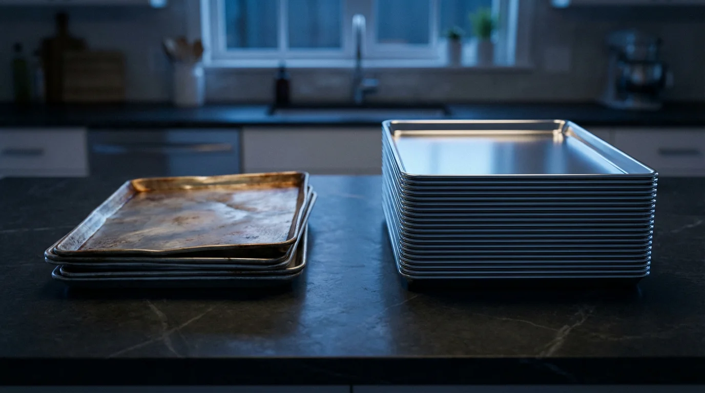 A side-by-side comparison of cheap, warped baking sheets versus new, premium baking sheets.