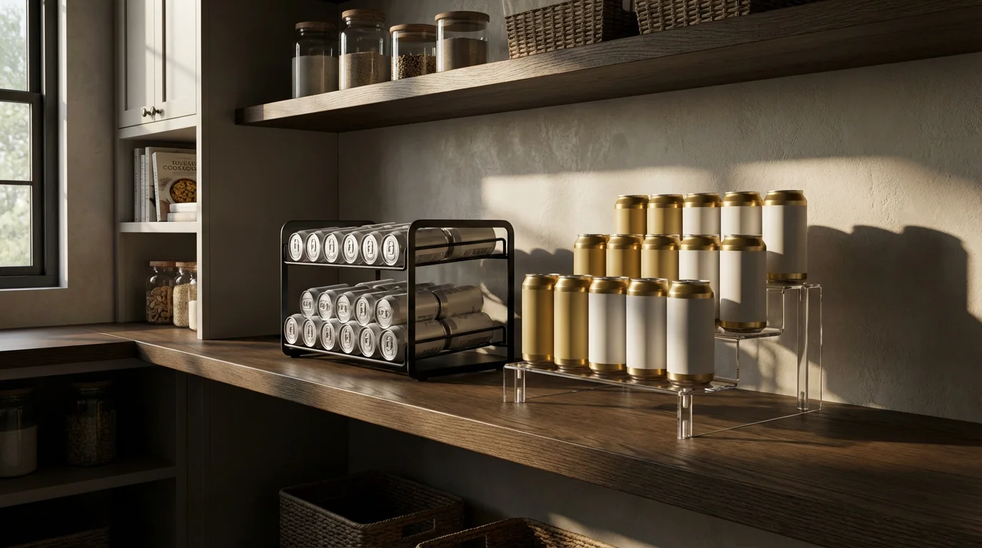A side-by-side comparison of different can organizers on a modern pantry shelf.