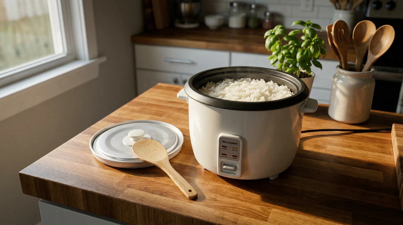 A simple white rice cooker with cooked rice on a wooden kitchen counter.