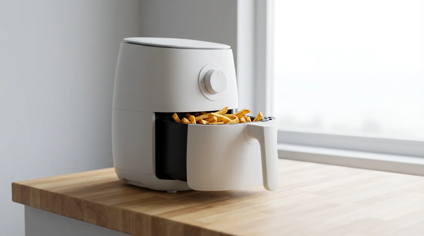 A sleek, compact white air fryer with a basket of golden fries on a countertop.