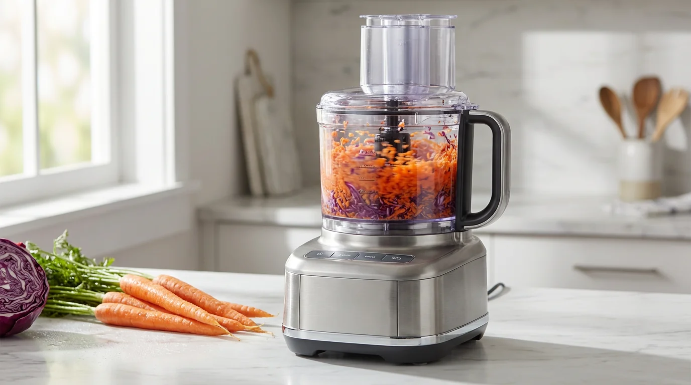 A sleek food processor chopping fresh carrots and cabbage on a sunlit kitchen counter.