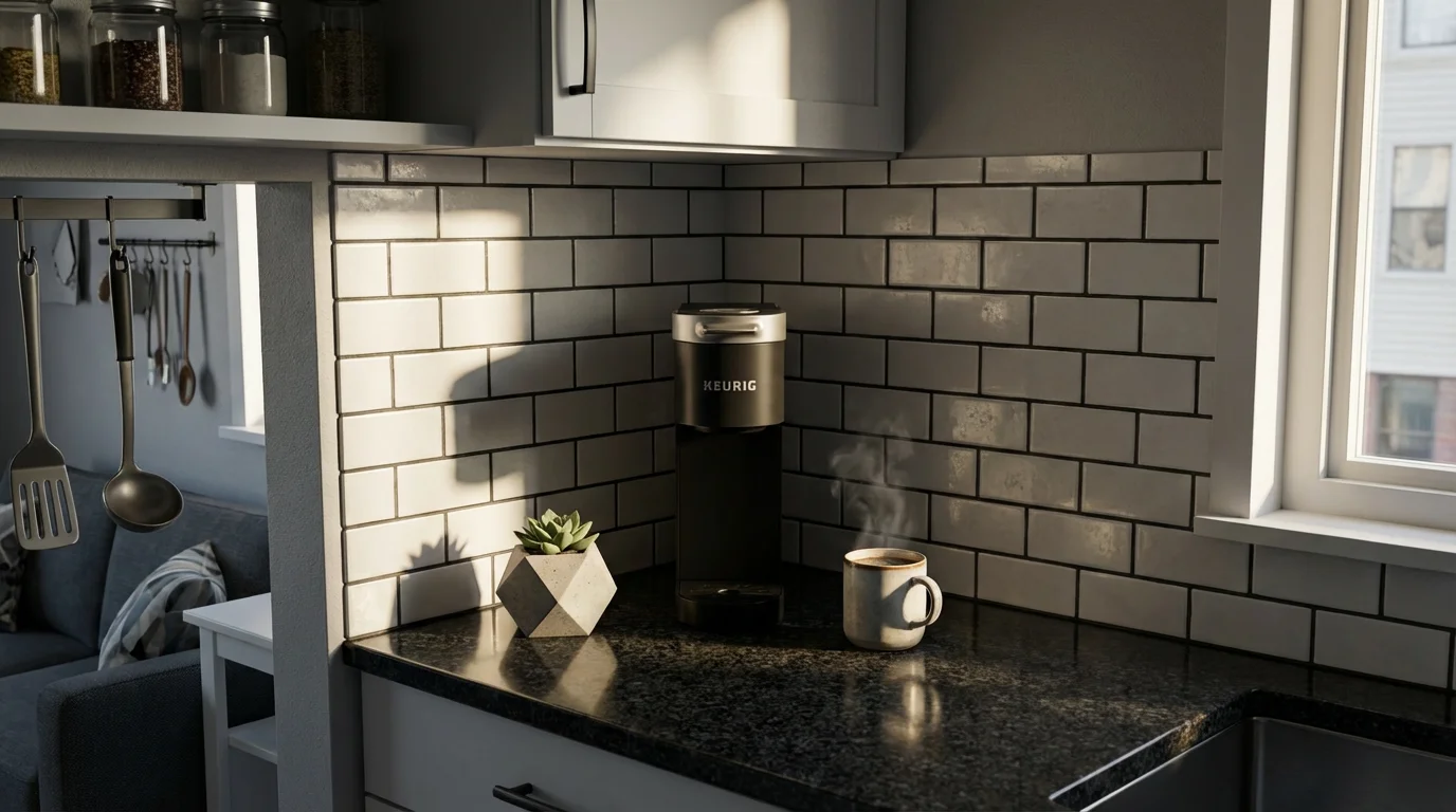 A slim, black single-serve coffee maker in a compact, modern kitchen during late afternoon.