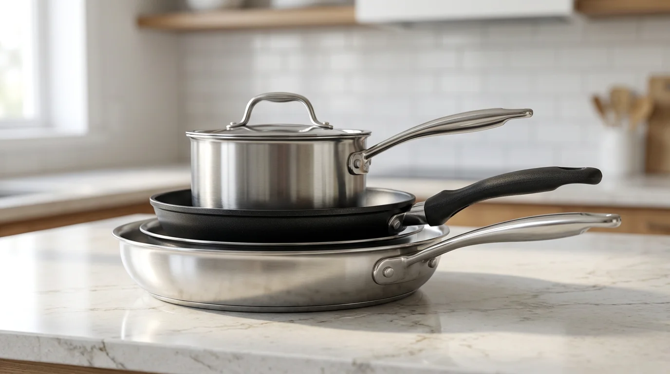 A stack of stainless steel and non-stick cookware on a bright kitchen counter.