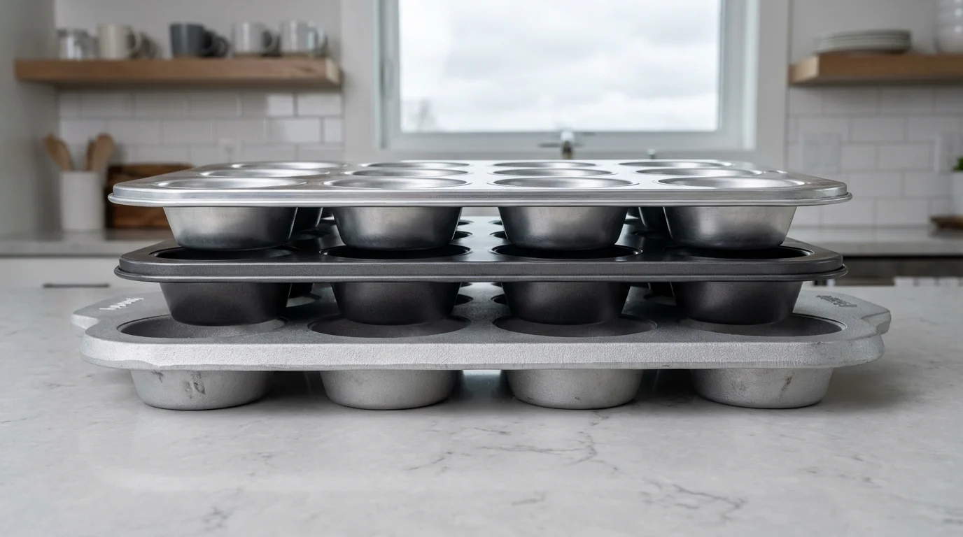 A stack of three different metal muffin pans on a gray kitchen countertop.