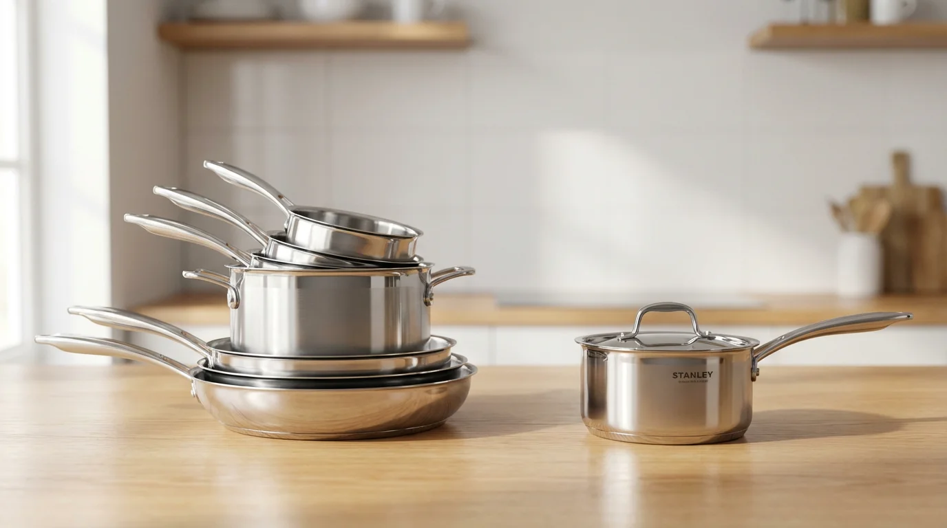 A stacked cookware set and a single saucepan side-by-side on a kitchen counter.