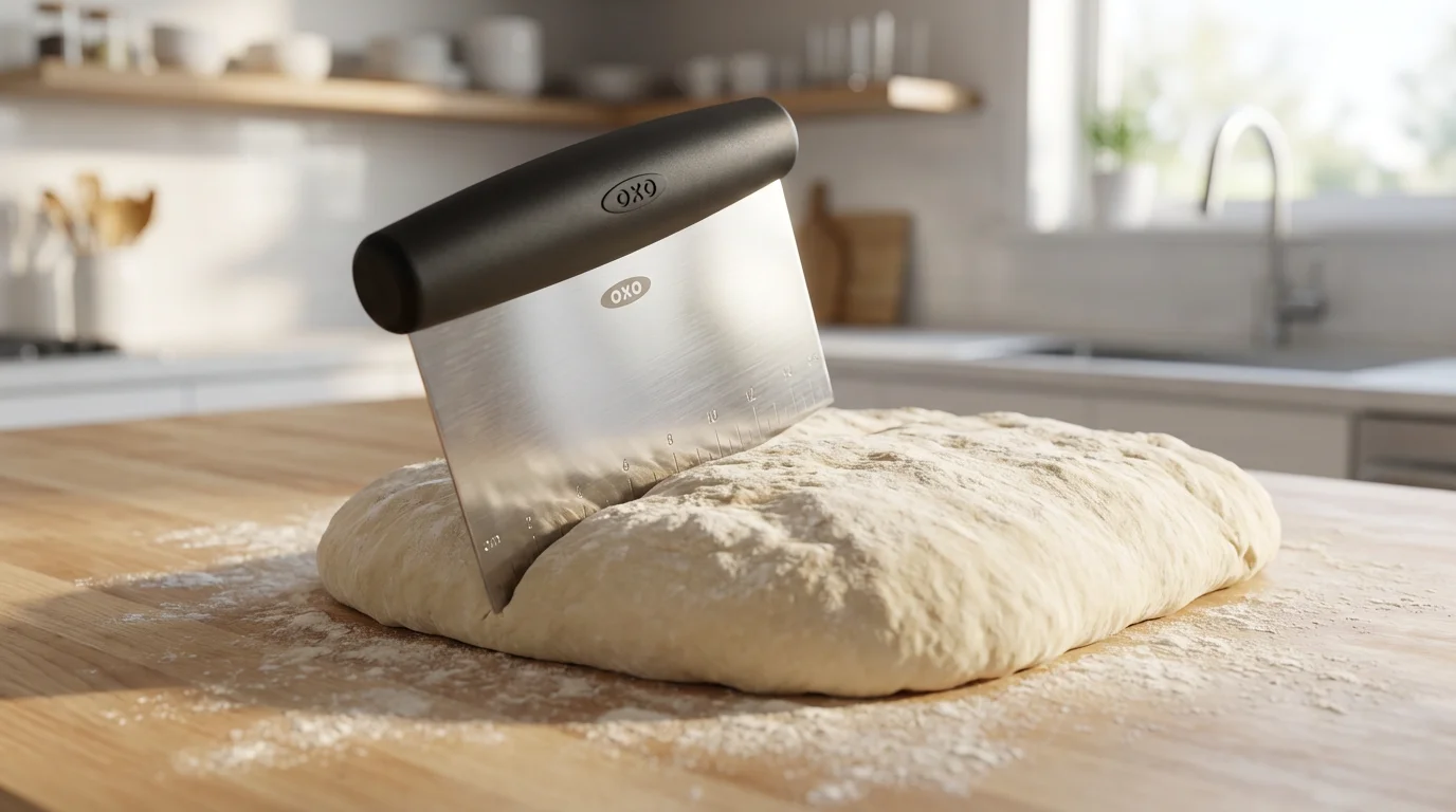 A stainless steel bench scraper with measurement markings dividing bread dough on a wooden counter.