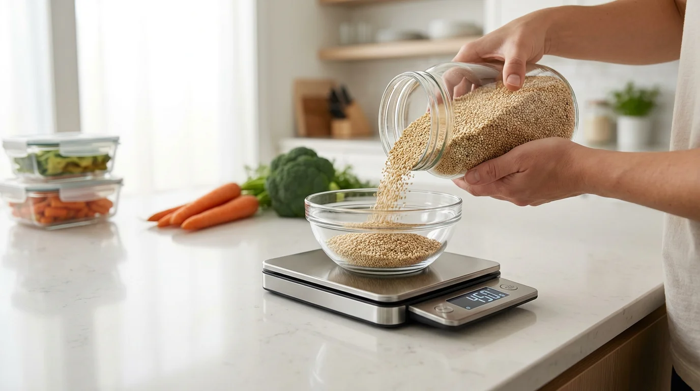 A stainless steel digital kitchen scale weighing quinoa in a bright, modern kitchen.