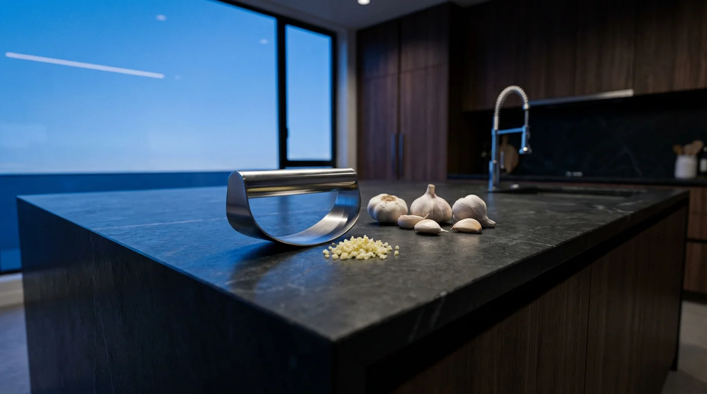 A stainless steel garlic rocker tool sits on a dark kitchen island at dusk.