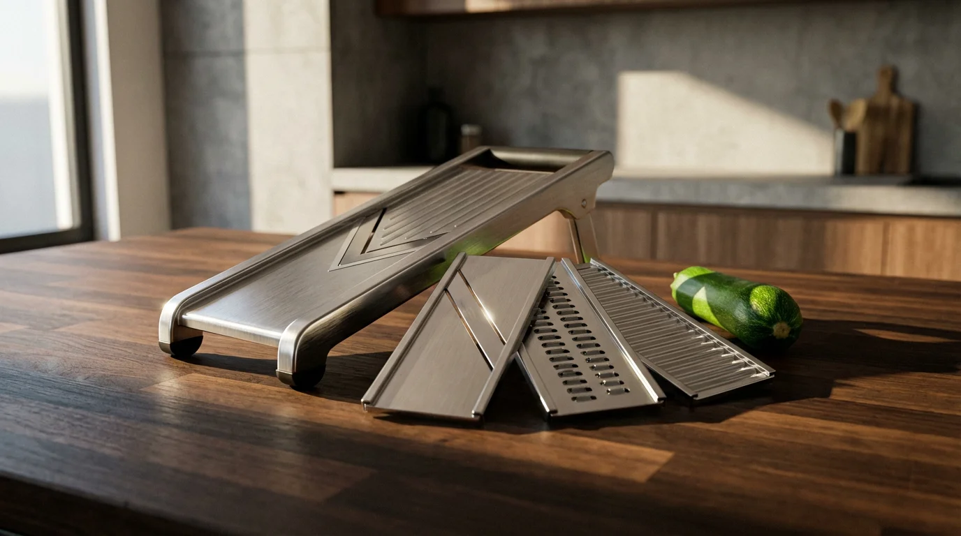 A stainless steel mandoline slicer with its various blades displayed on a wooden countertop.