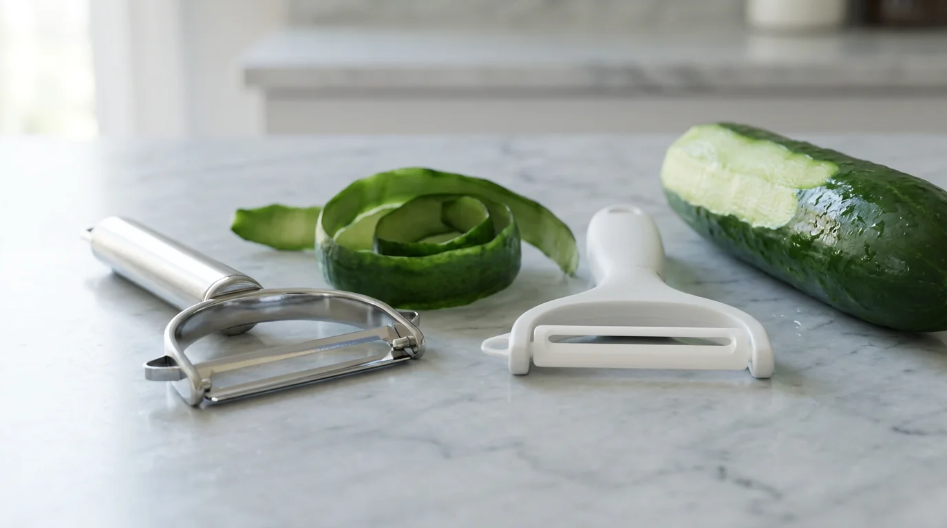 A stainless steel peeler and a white ceramic peeler side-by-side on a marble countertop.