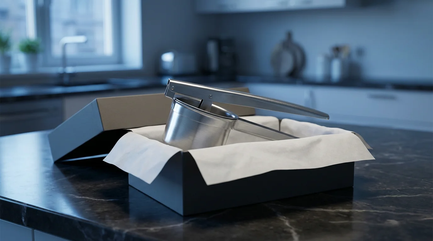 A stainless steel potato ricer inside a gift box on a kitchen counter.