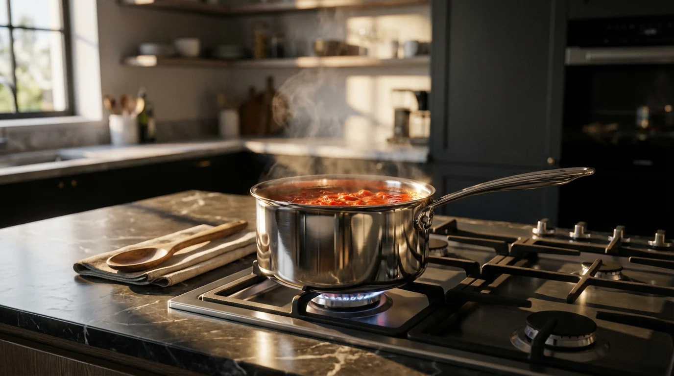 A stainless steel saucepan with simmering tomato sauce on a stovetop in afternoon light.