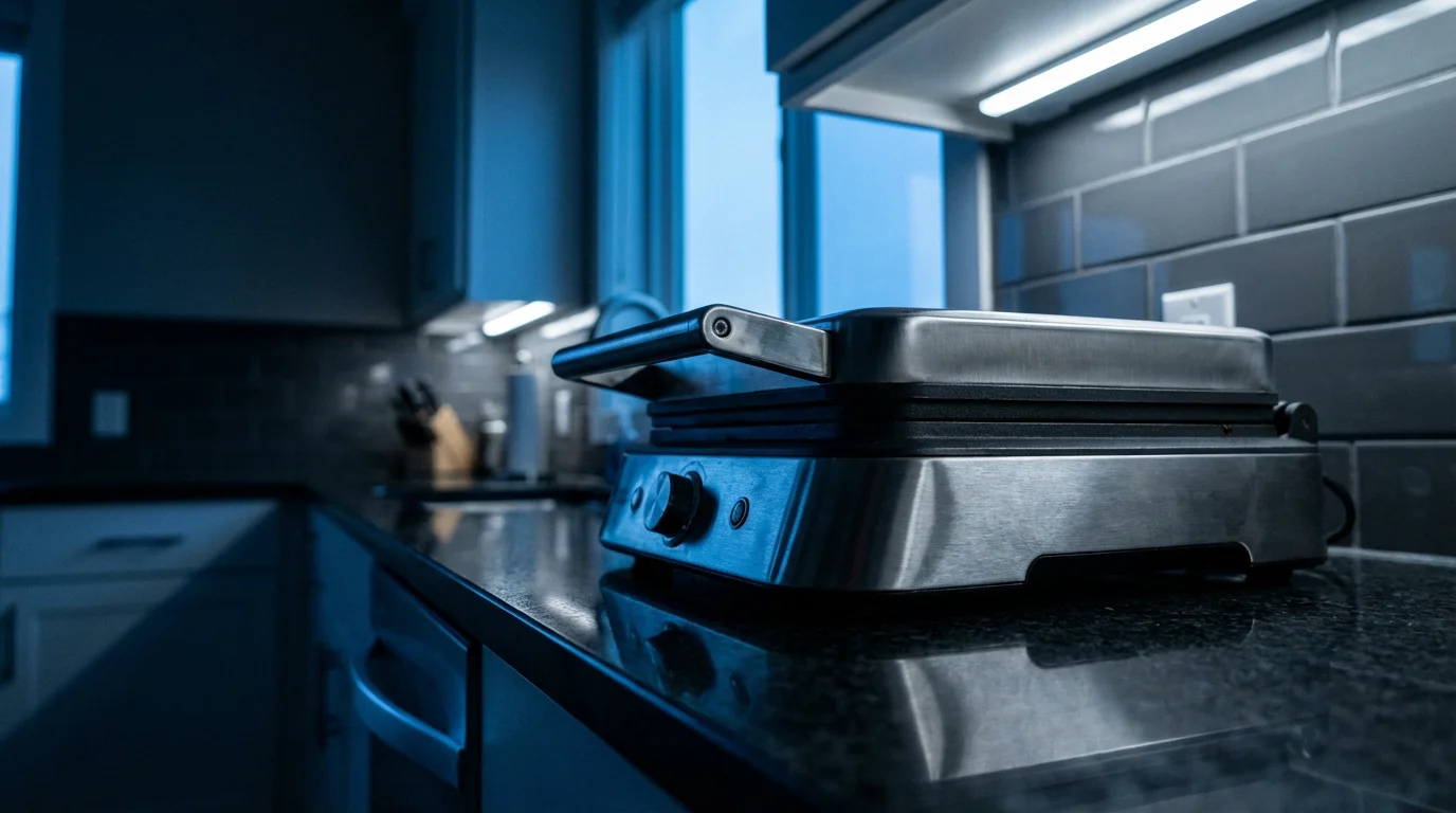A sturdy Belgian waffle maker sits on a dark kitchen counter at dusk.