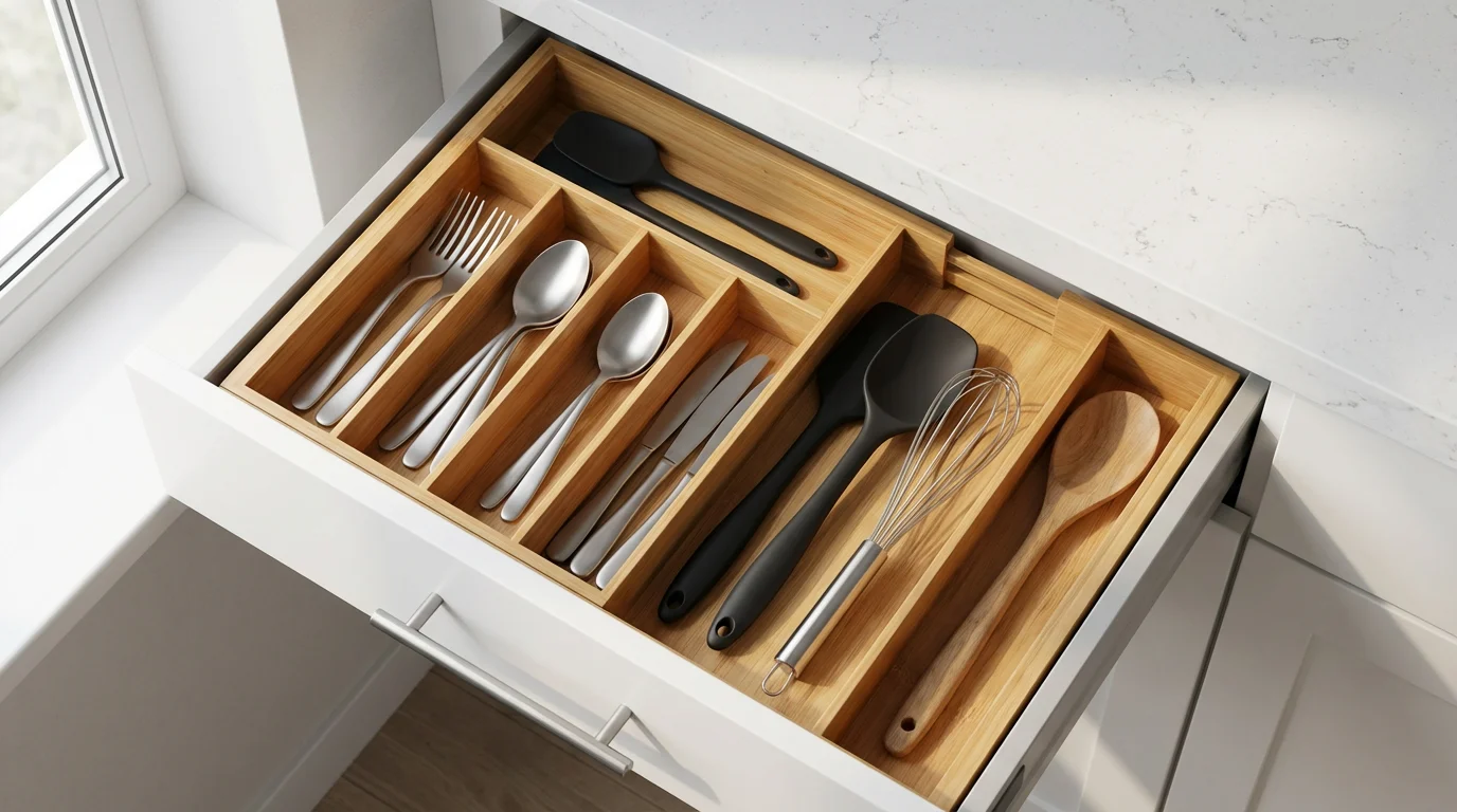 A top-down view of an organized kitchen drawer with a bamboo utensil organizer.
