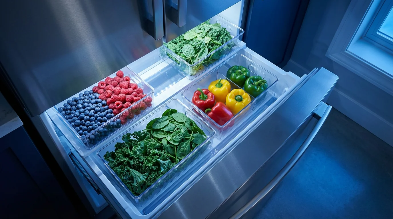 A top-down view of an organized refrigerator drawer with fresh produce in clear bins.