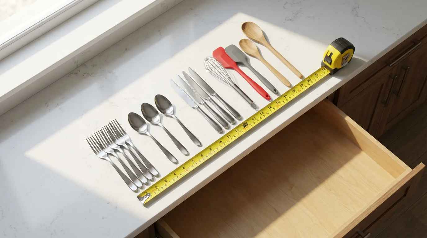 A top-down view of kitchen utensils sorted on a counter beside an empty drawer.