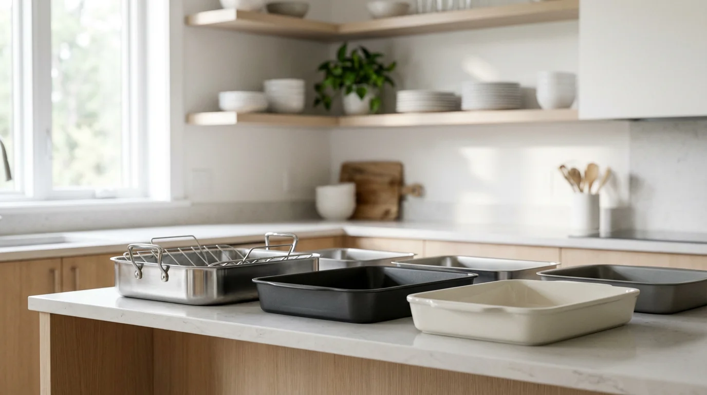 A variety of roasting pans, including stainless steel and ceramic, on a modern kitchen counter.