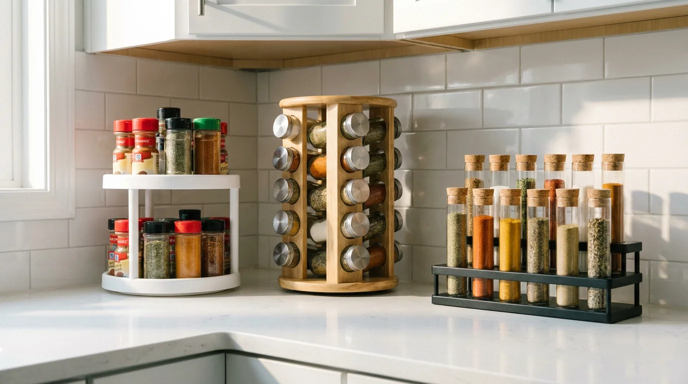A variety of spice racks, from budget to premium, on a modern kitchen countertop.