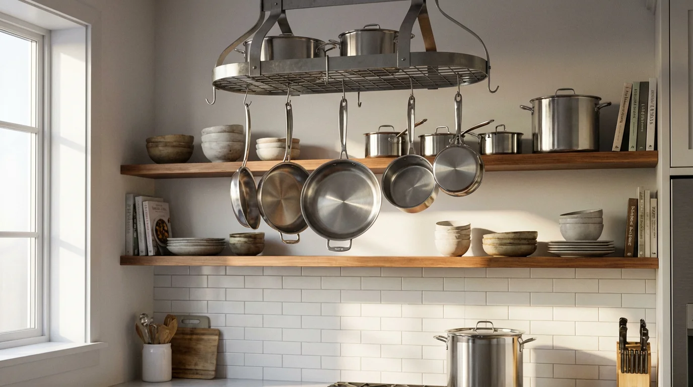 A variety of stainless steel pots and pans neatly arranged on a kitchen wall rack.