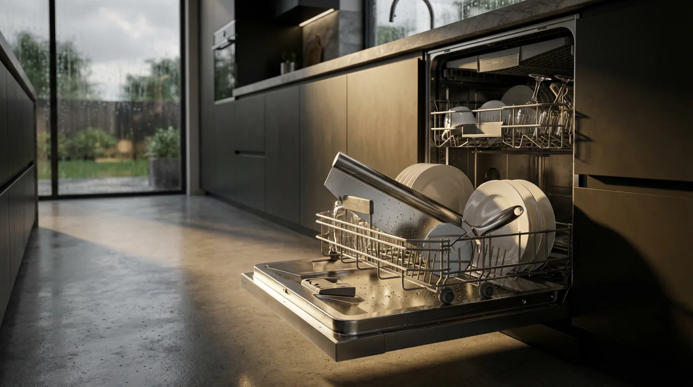 A wheel and a rocker pizza cutter inside the bottom rack of an open dishwasher.