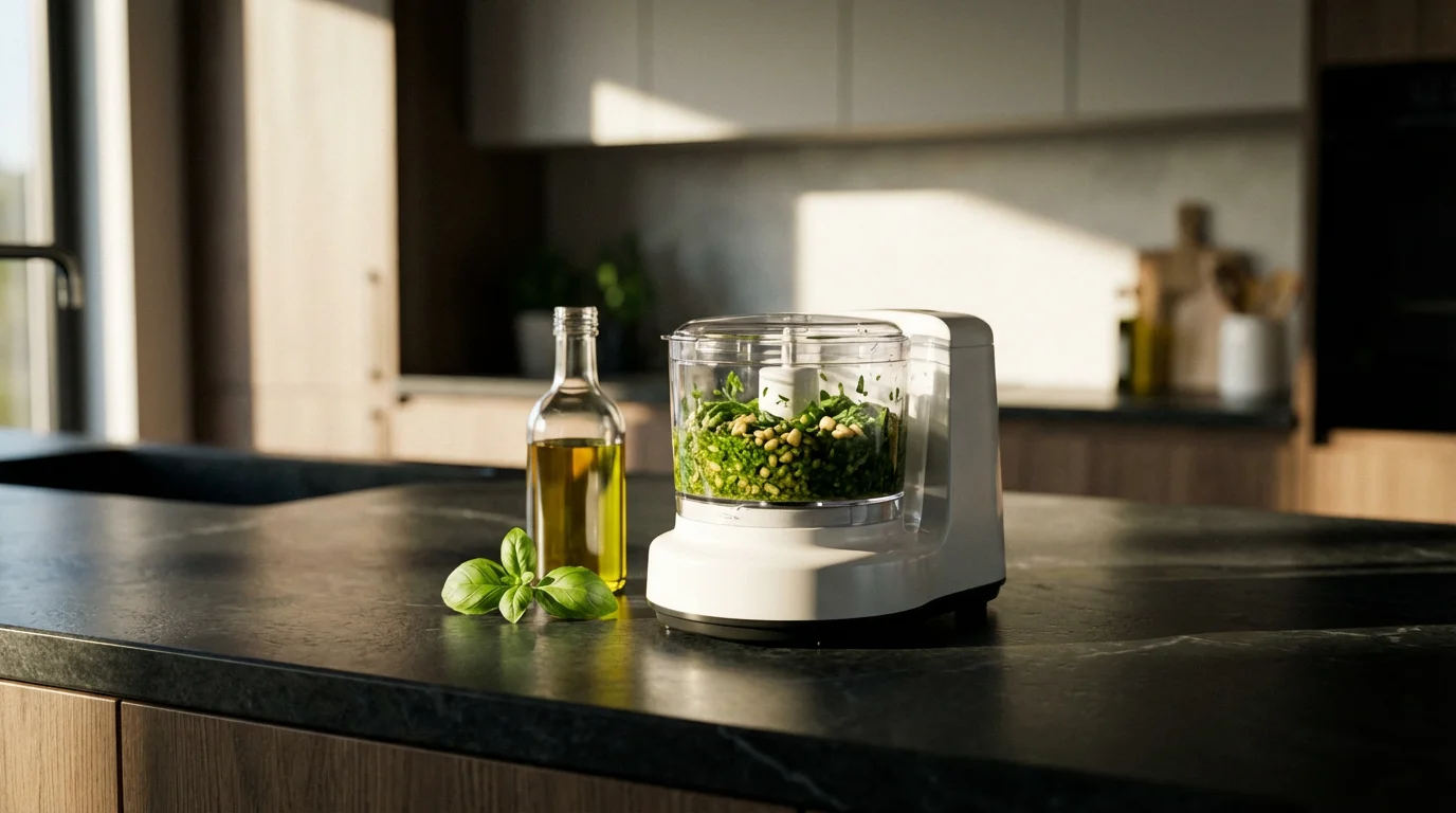 A white mini food processor with pesto ingredients on a dark, sunlit kitchen counter.