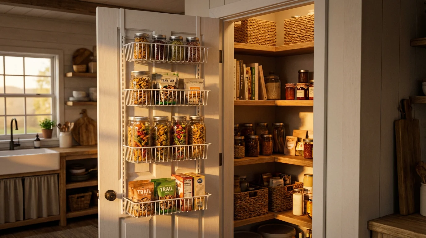 A white over-door organizer filled with pantry items hanging inside an open kitchen pantry.