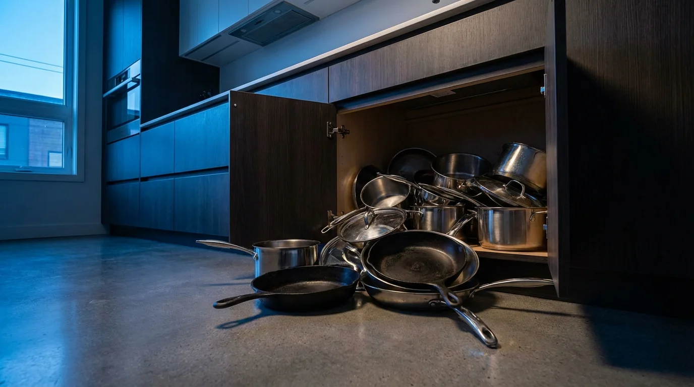 A wide shot of a messy kitchen cabinet overflowing with disorganized pots and pans.