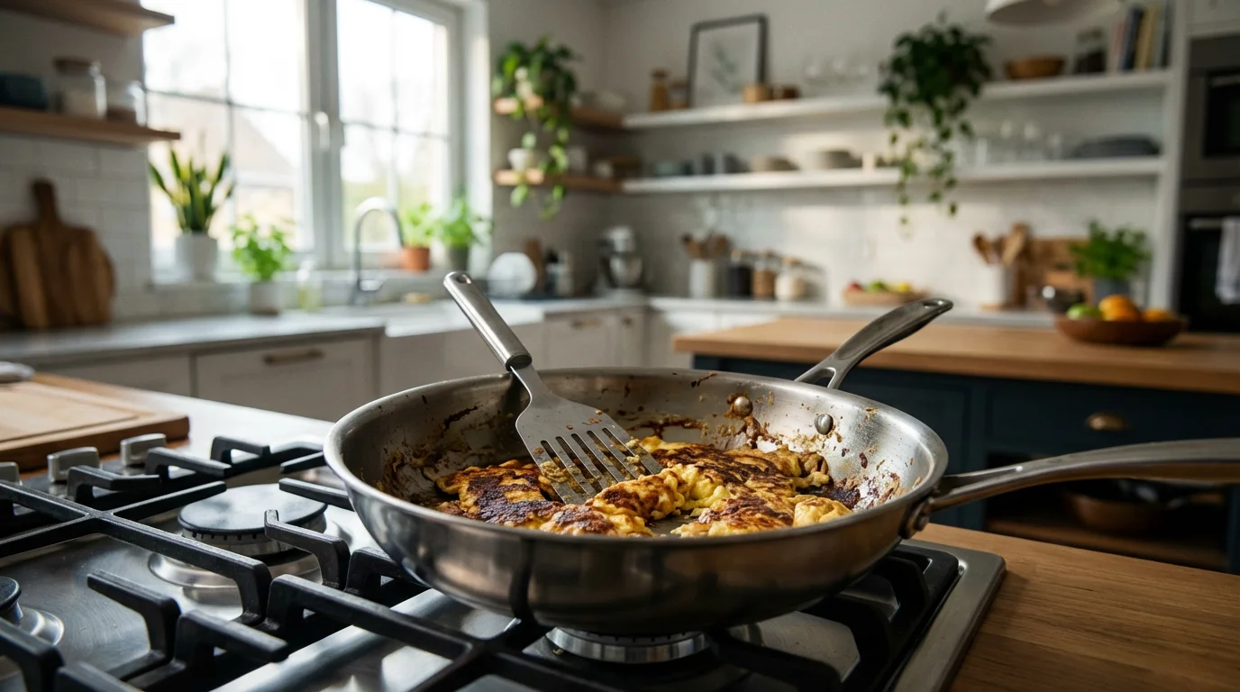 A wide shot of a modern kitchen with eggs stuck to a stainless steel pan.