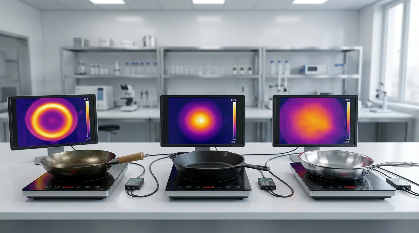 A wide shot of three woks being tested for heat distribution with thermal cameras.