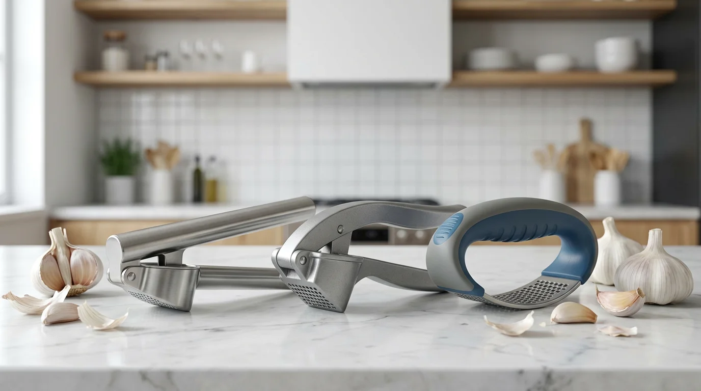 A wide shot of various garlic presses made of different materials on a marble countertop.