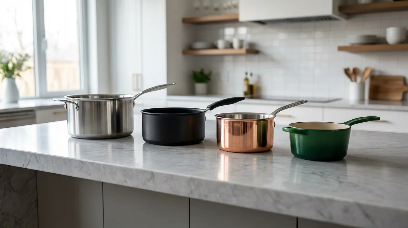 A wide shot of various high-quality saucepans displayed on a modern marble kitchen island.