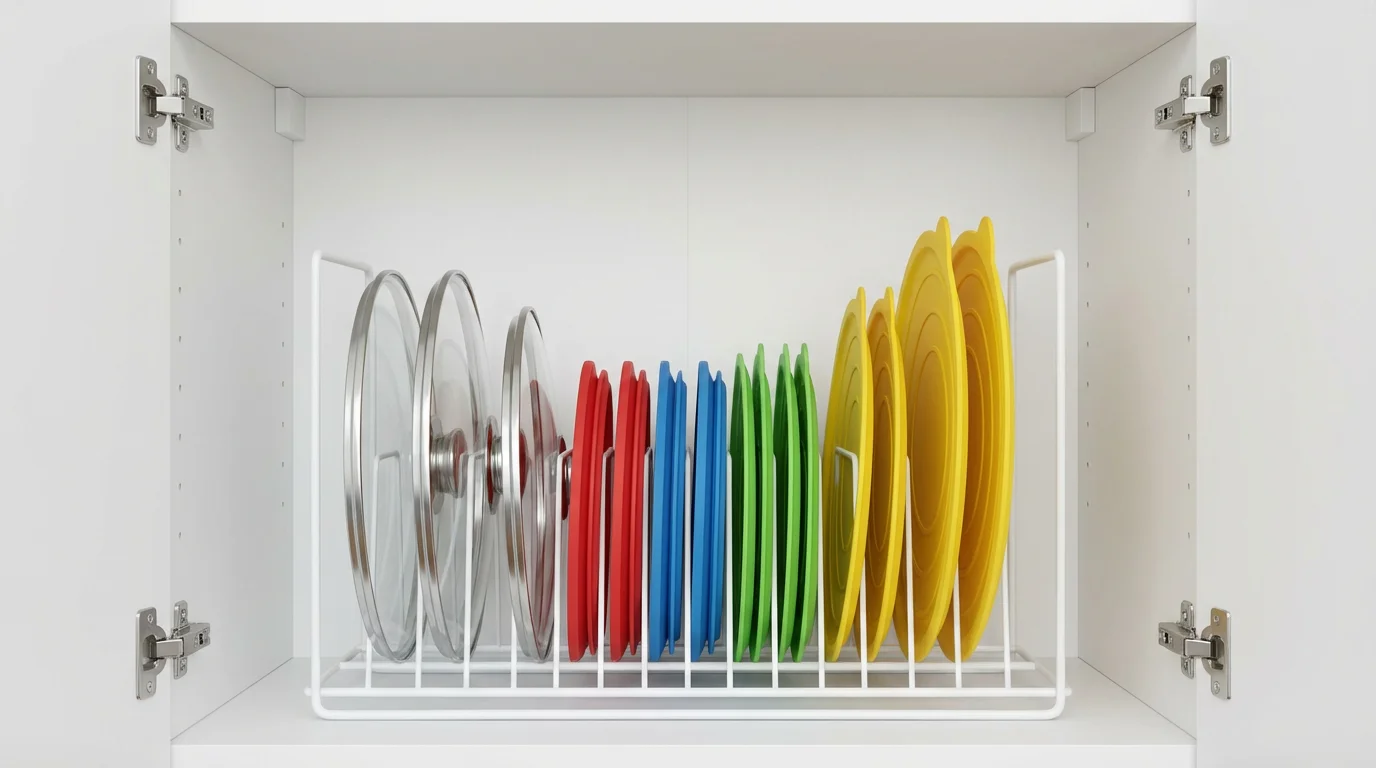 A wire rack neatly organizes pot lids vertically inside a clean kitchen cabinet.