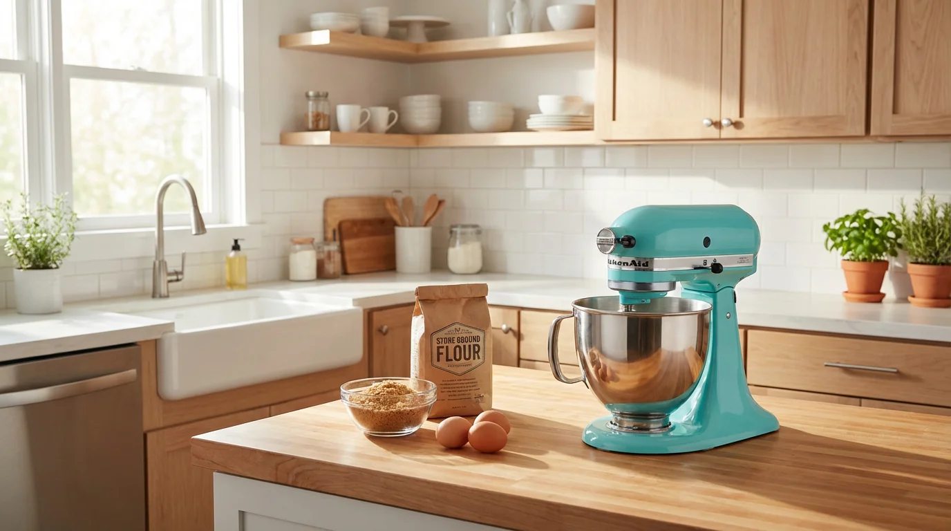 An aqua tilt-head stand mixer on a butcher block counter in a sunlit kitchen.