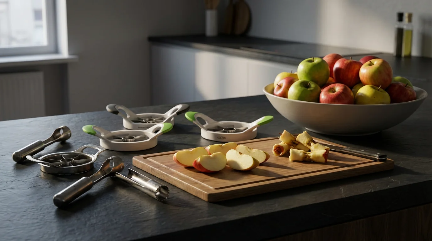 An array of apple corer tools on a kitchen counter beside whole and sliced apples.