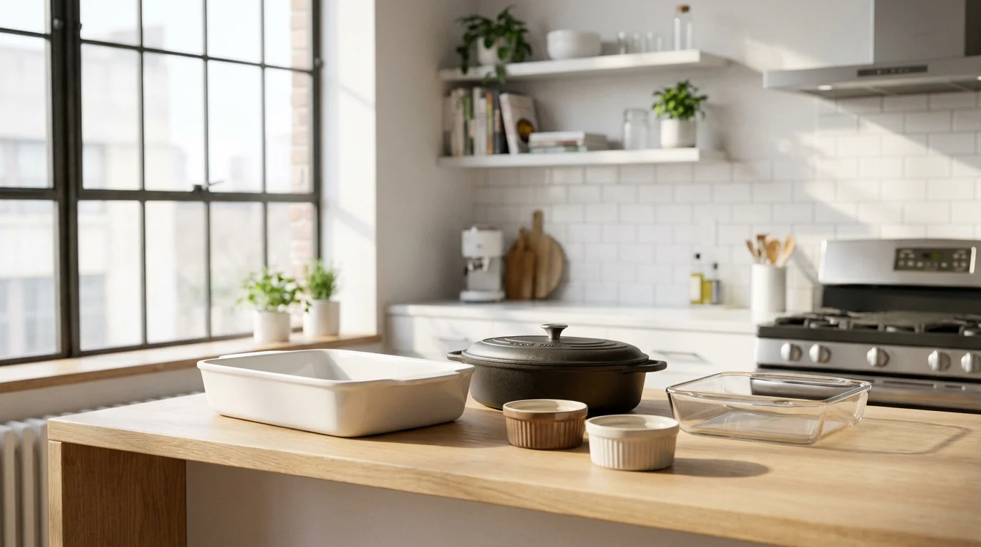 An assortment of different sized ceramic, glass, and cast iron casserole dishes on a kitchen counter.