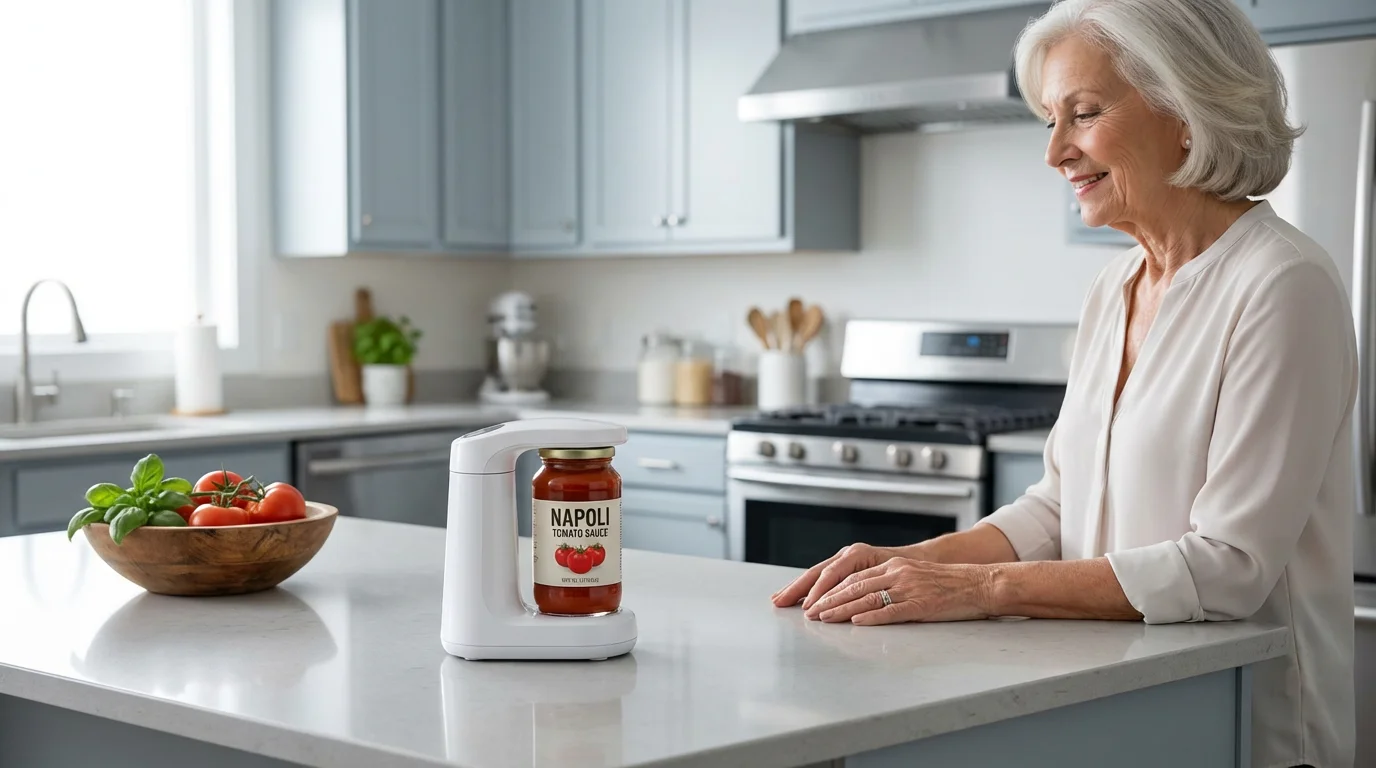 An automatic jar opener effortlessly opens a glass jar on a modern kitchen island.