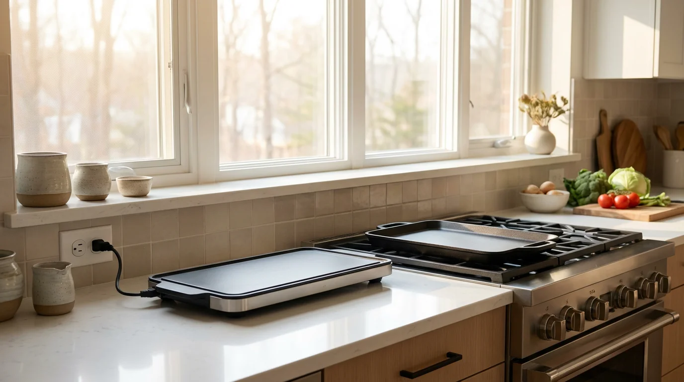 An electric griddle and a stovetop griddle on a modern kitchen counter.
