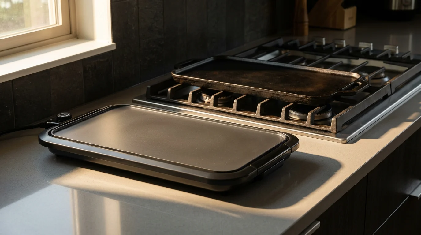 An electric griddle on a kitchen counter with a stovetop griddle pan behind.