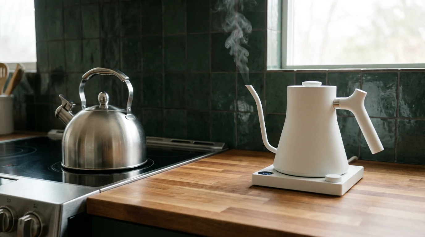 An electric kettle and a stovetop kettle side-by-side on a modern kitchen counter.