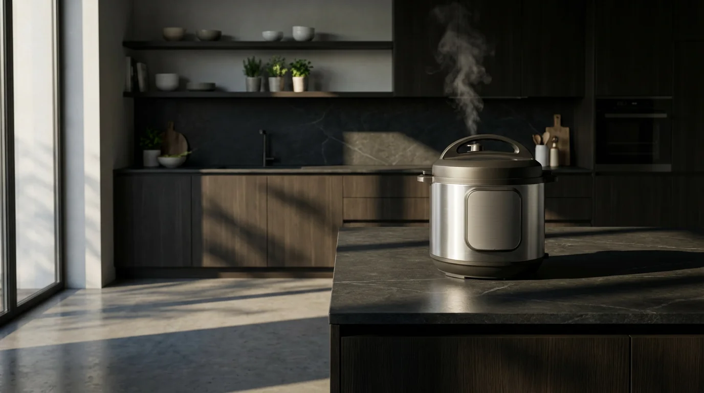 An electric pressure cooker releasing steam during a water test on a modern kitchen counter.