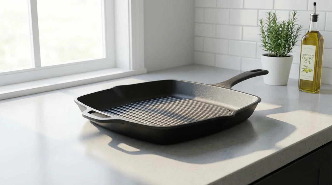 An empty cast iron grill pan on a modern kitchen counter in soft morning light.