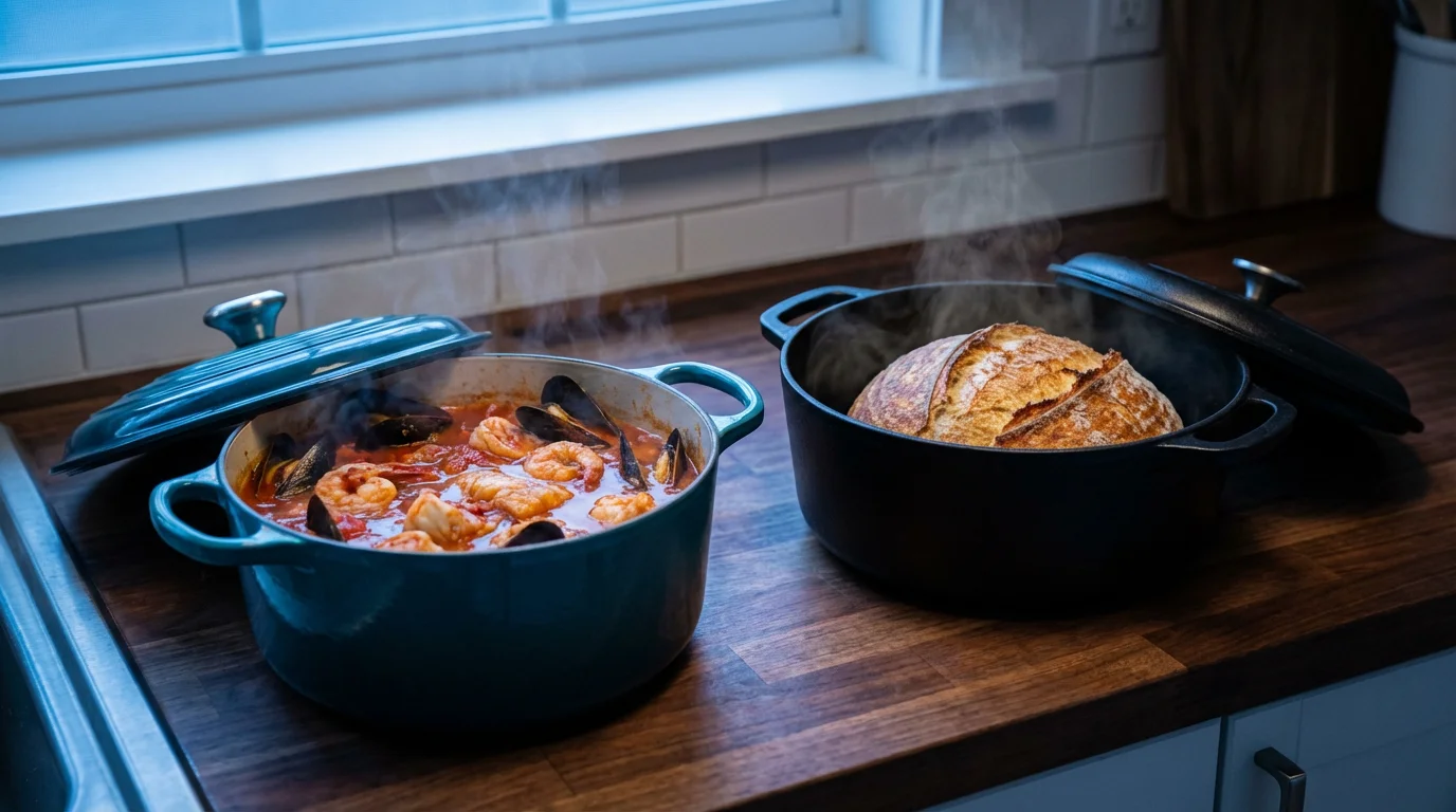 An enameled dutch oven with stew next to a bare cast iron pot with bread.