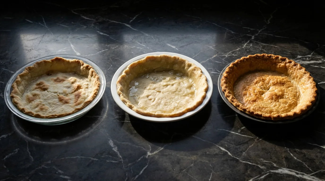 An eye-level comparison of three baked pie crusts in glass, ceramic, and metal plates.